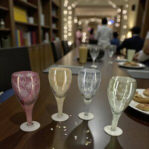 WINE GOBLETS -- Set of 4, Rose/Blue/Amber/Green, Vintage, Etched w/Indiv Designs